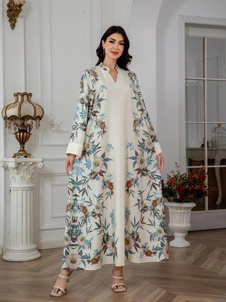 Elegant Floral Embroidered Polyester Abaya: Middle Eastern Style, Long Sleeve, Long Length, Regular Fit, Slightly Stretchy Fabric, Autumn Season, Women's Knitted Robe - Elegant Dubai Print Dress 