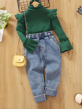 Toddler Girls 2 Piece Outfits Ribbed Trumpet Sleeve Blouse and Jeans Set Spring Autumn Kids Clothes 