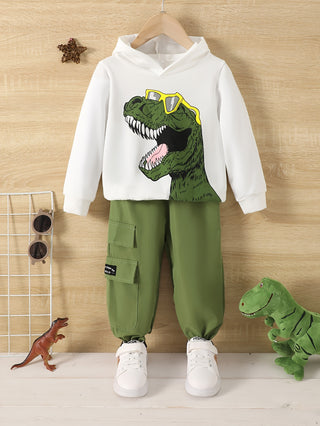 Boys Dinosaur Pattern 2pcs Outfit Set Hoodie Cargo Pants Kids Street Style Clothes Spring Autumn Casual Outerwear 