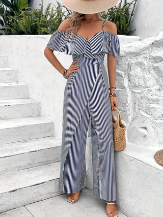 Striped Spaghetti Strap Short Jumpsuit Holiday Style Feather Trim Hem Straight Leg Spring Summer Women's Clothing 