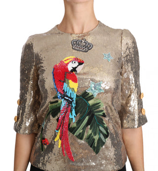 Dolce &amp; Gabbana Gold Parrot Motif Crewneck Blouse with Crystals