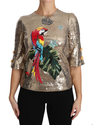 Dolce &amp; Gabbana Gold Parrot Motif Crewneck Blouse with Crystals