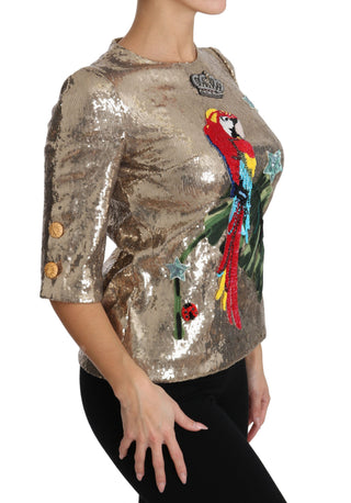 Dolce &amp; Gabbana Gold Parrot Motif Crewneck Blouse with Crystals