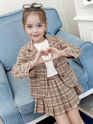 Girls Elegant Plaid Suit Long Sleeve Collar Blazer + Pleated Skirt 2 Piece School Party Set Casual Outdoor Leisure Outfits 