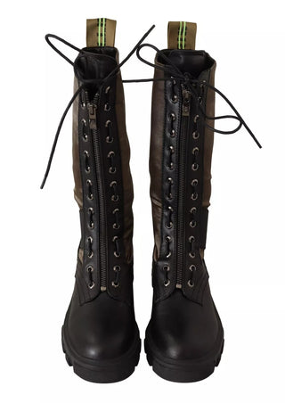 Gaelle Black Green High Combat Boots Lace Up Military Shoes