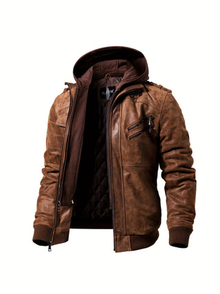 FLAVOR Men's Genuine Leather Jacket with Removable Hood Brown 