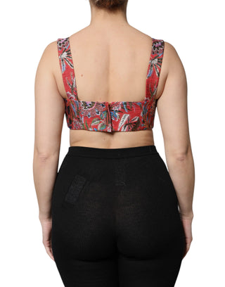 Dolce & Gabbana Red Floral Brocade Cropped Bustier Corset Top