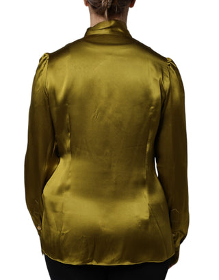 Dolce & Gabbana Olive Green Ascot Collar Long Sleeve Blouse Top