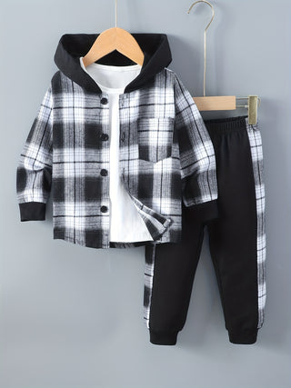 2Pcs Boys Casual Long Sleeve Plaid Hooded Sweatshirt and Jogger Pants Kids Clothes 