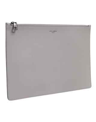 Dolce & Gabbana Gray Solid Leather DG Logo Men Clutch Zip Pouch Bag
