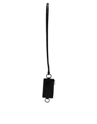 Dolce & Gabbana Black Calf Leather Lanyard Logo Card Holder Wallet