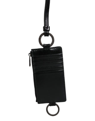 Dolce & Gabbana Black Calf Leather Lanyard Logo Card Holder Wallet