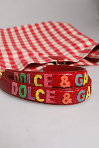 Dolce & Gabbana Red Checkered Embellished Shopping Tote Cotton Bag
