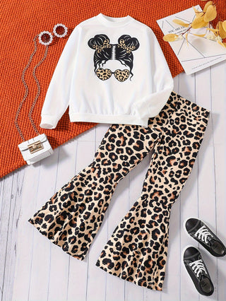 Girls 2 Pieces Comfy Outfit Set: Cute Cartoon Print Long Sleeve Shirt and Leopard Print Wide Leg Pants - Soft and stretchy fabric, machine washable - Perfect everyday gift, perfect for outdoor 