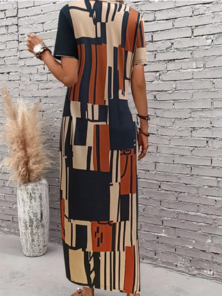 All Over Print V Neck Dress Casual Short Sleeve Maxi Dress Spring Summer Women Clothing 