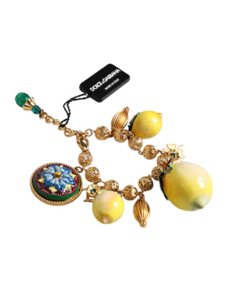 Dolce & Gabbana Gold Tone Brass Filigree Ball Charm Lemon Logo Bracelet