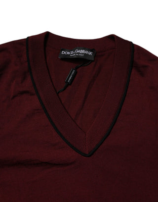 Dolce & Gabbana Maroon Cashmere V-neck Men Pullover Sweater