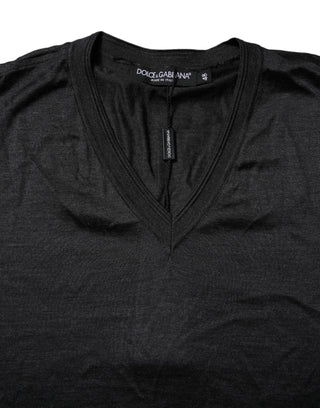 Dolce & Gabbana Dark Gray Silk V-neck Short Sleeves T-shirt