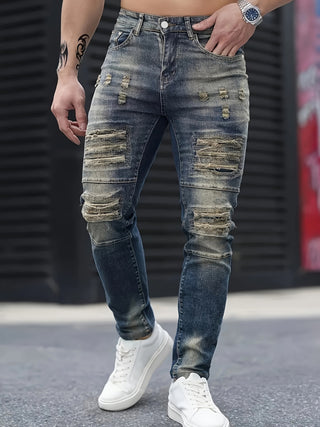 Men's Skinny Stretch Jeans - Ripped and Worn Design, Dark Blue, Versatile for All Seasons 