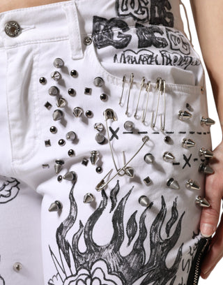 Dolce & Gabbana White Printed Embellished Skinny Denim Jeans