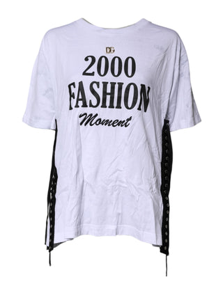 Dolce & Gabbana White Print Lace-Up Cotton Crew Neck T-shirt