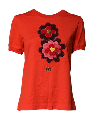 Dolce & Gabbana Red Floral Embroidery Cotton Crew Neck T-shirt