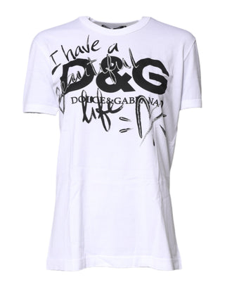 Dolce & Gabbana White Printed Round Neck Top Cotton T-shirt