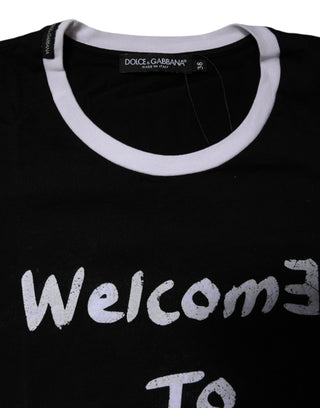 Dolce & Gabbana Black Printed Round Neck Top Cotton T-shirt