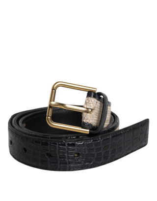 Dolce & Gabbana Black Beige Leather Metal Logo Buckle Belt