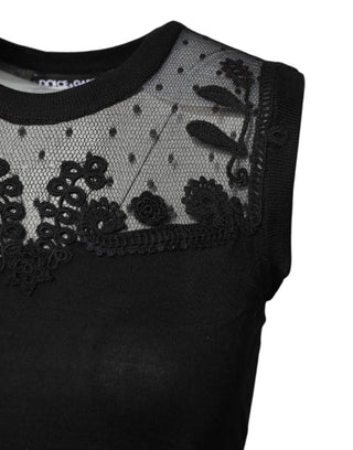 Dolce & Gabbana Black Lace Sheer Crew Neck Sleeveless Top