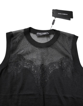 Dolce & Gabbana Black Lace Sheer Crew Neck Sleeveless Top