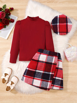 3Pcs Girls High Collar Long Puff Sleeve T-shirt + Plaid Skirt with Hat Kids Outerwear Christmas Gift 