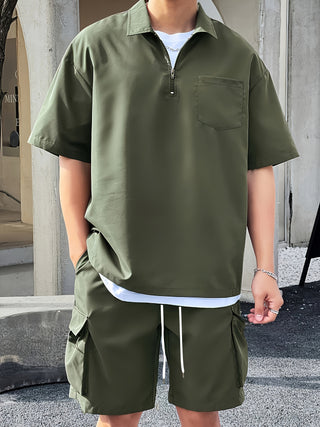 Stylish design for men, 2 piece set of crop top and shorts, short sleeve henley collar zippered shirt and shorts with zipper pockets and zip pockets, fashion and casual for comfortable summer outerwear. 