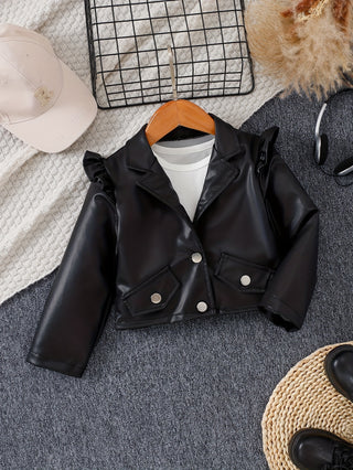 Fashion PU Leather Long Sleeve Ruffle Jacket for Baby Girls Toddler Spring Autumn Outerwear Clothes 