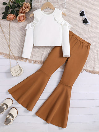 Stylish Girls 2 Pieces Cold Shoulder Long Sleeve Top + Wide Leg Pants Set for Spring Autumn Gift, Girls Outdoor Activities 