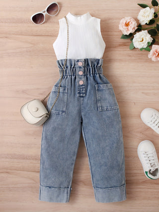 Girls Sleeveless Button Down Shirt and Paper Waist Jeans Set for Party, Gifts, Outdoors 