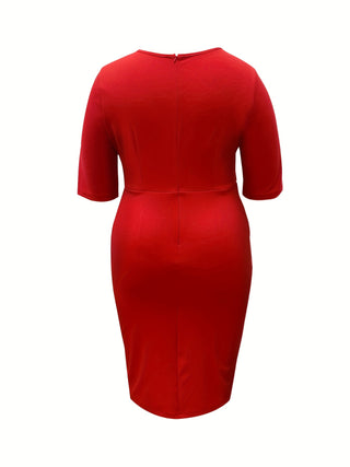 Elegant Plus Size Dress, Women's Midi Dress Ruffle Front Half Sleeve O Neck Midi Dress 