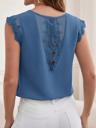 V-neck top with contrast mesh embroidery, elegant sleeveless top with wavy hem finish, women's clothing 