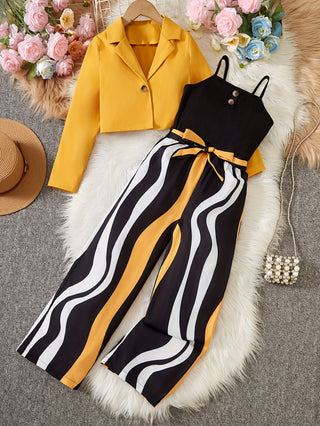 Girl's outfit: long-sleeved crop top + inner shirt + striped jumpsuit set includes belt [stripe pattern random], outer fabric 