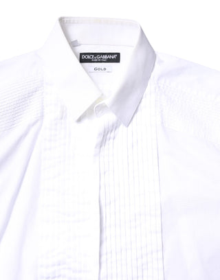 Dolce & Gabbana White GOLD Cotton Poplin Bib Men Dress Shirt