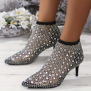 Women Pointed Toe Mesh Rhinestone Stiletto Heel Fashion Sandals, Breathable Ankle Boots 