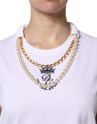 Dolce & Gabbana White Chain Pearl Cotton Round Neck T-shirt