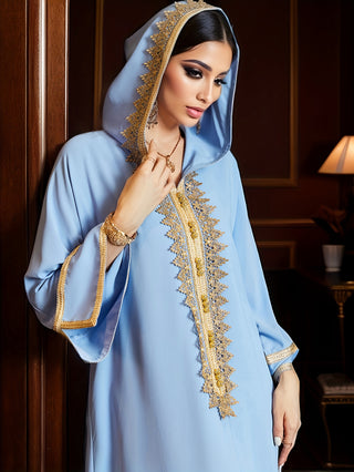 Long Hooded Dress with Elaborate Design, Long Sleeve Open Front, Elegant Women's Clothing 