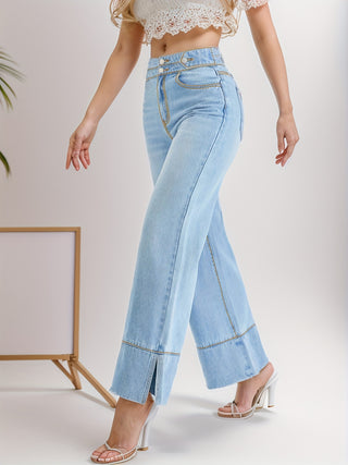 Casual High Waist Loose Jeans, High Stretch Double Button Wide Leg Jeans, Women's Denim Jeans &amp; Clothing 