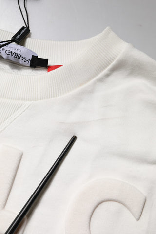 Dolce & Gabbana White Embossed Logo Cotton Crew Neck Sweater