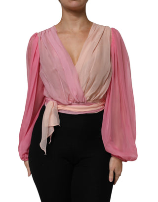 Dolce & Gabbana Pink Plunging V-neck Long Sleeves Blouse Top