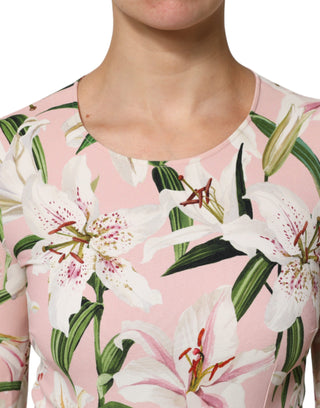 Dolce & Gabbana Pink Lily Print Viscose Round Neck Blouse Top