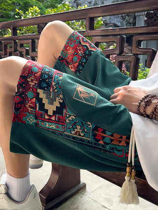 Men's Ethnic Print Embroidered Shorts with Pockets, Casual Drawstring Shorts for Summer 