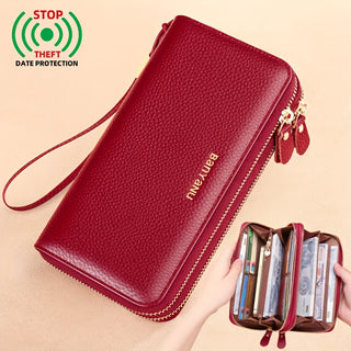 Bariano Women's Elegant Leather Wallet with Wrist Strap - Large Capacity Double Zip, Credit Card Compartments, Electronic Jam Protection, Polyester Lining - Burgundy, Guangzhou 