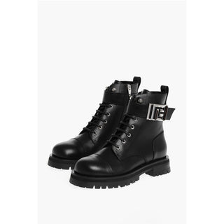 Balmain Leather Combat Booties with Ankle Strap and Logoed Buckle
